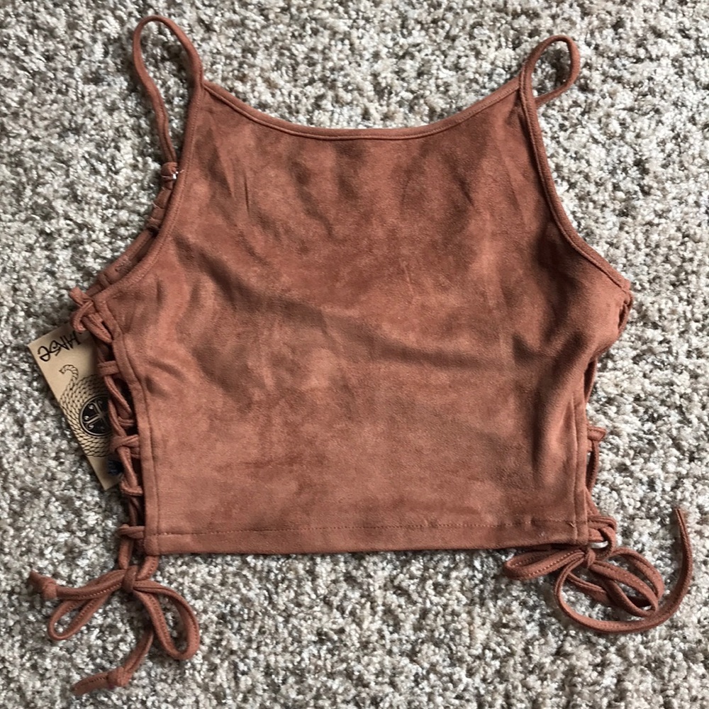 Tan, velvet LF Crop top with strappy sides